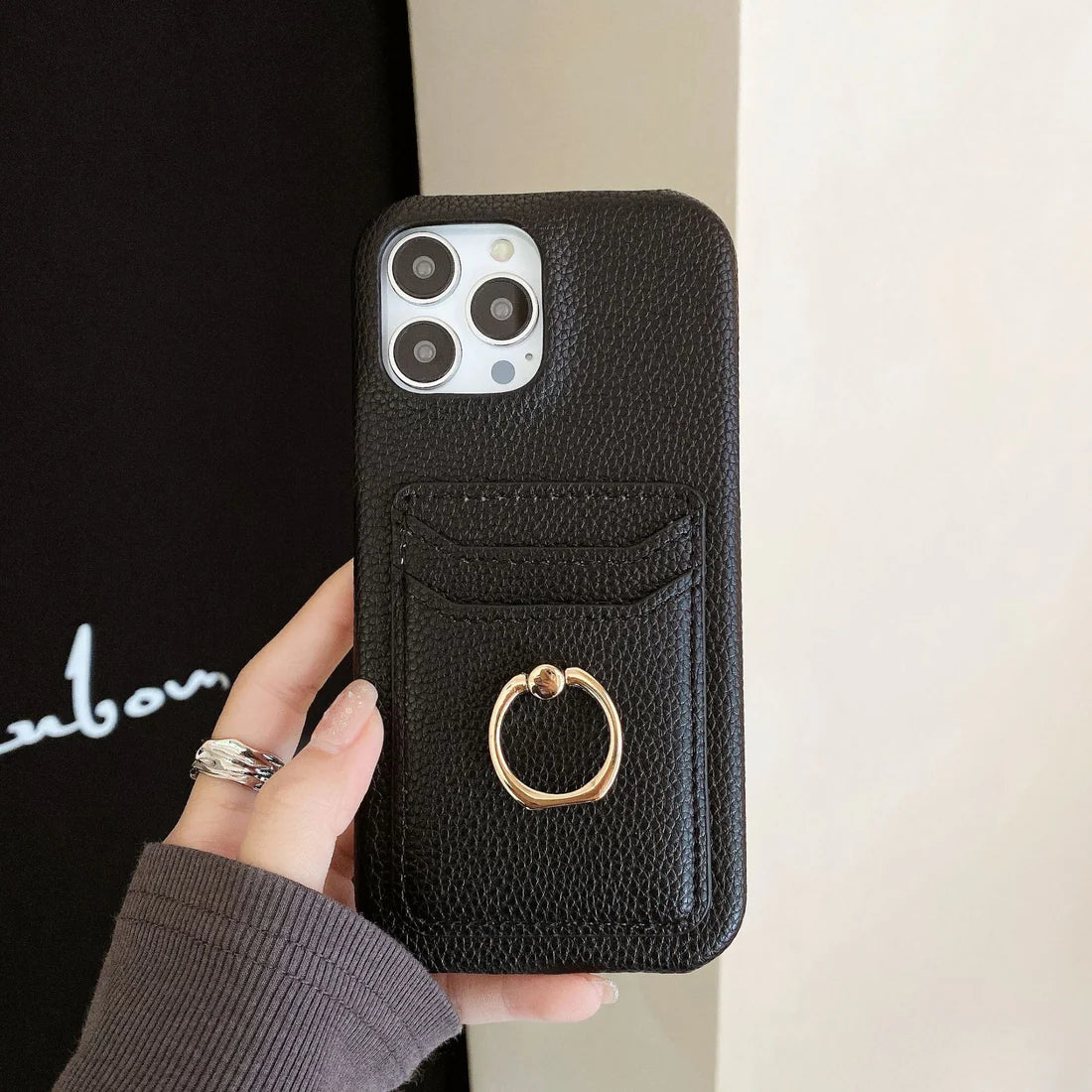 Black genuine leather ring holder phone case suitable for Apple phones