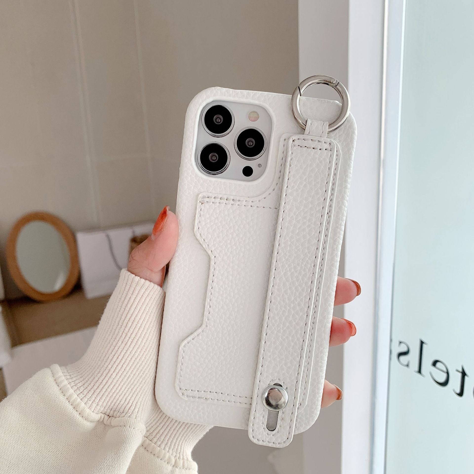 Stylish leather phone case, suitable for iPhone, with card slot and wrist strap protection
